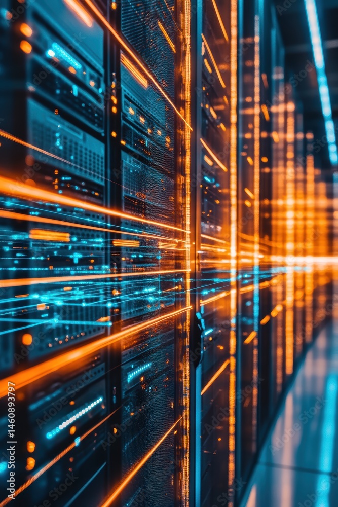 Poster data center servers processing information with glowing lights perspective view for cloud computing 