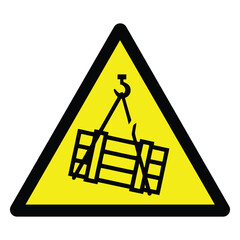 Overhead load warning sign, hooked package falling yellow triangle warning sign