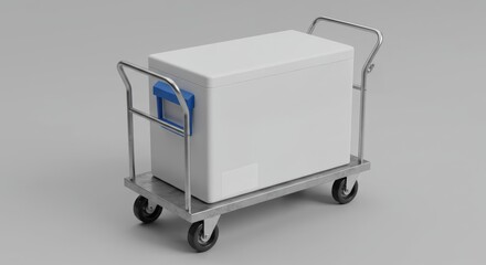 White and blue vaccine carrier on wheeled cart