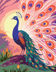 Fototapeta premium Majestic Peacock Displaying Feathers at Sunset