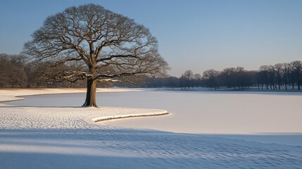 Frozen lake with lone tree in winter