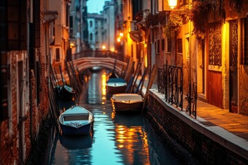Venetian canal at dusk, tranquil scene with moored boats