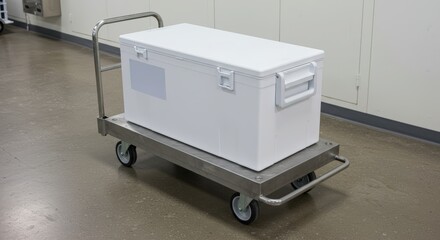 White insulated box on stainless steel hand truck