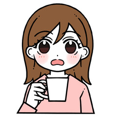 コップを持つ驚いた顔の女性のイラスト