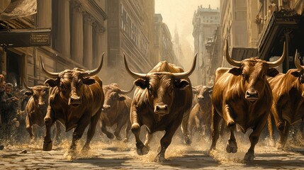 A herd of cattle stampedes through a bustling city street, with tall buildings and onlookers in the background