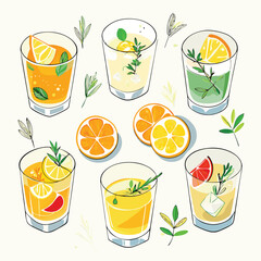 A vector illustration shows a cold set of drinks including a glass of fresh orange juice and a glass of yellow lemonade, a healthy beverage with citrus fruit