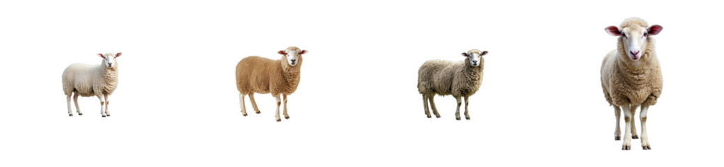 Four sheep with varied fleece colors, animal livestock, cut out transparent