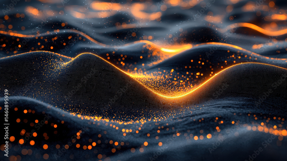 Poster abstract 4k background showcasing a realistic three dimensional waveform representation with sparkli