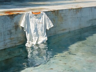 A damp, white t-shirt hanging over a pool's edge.