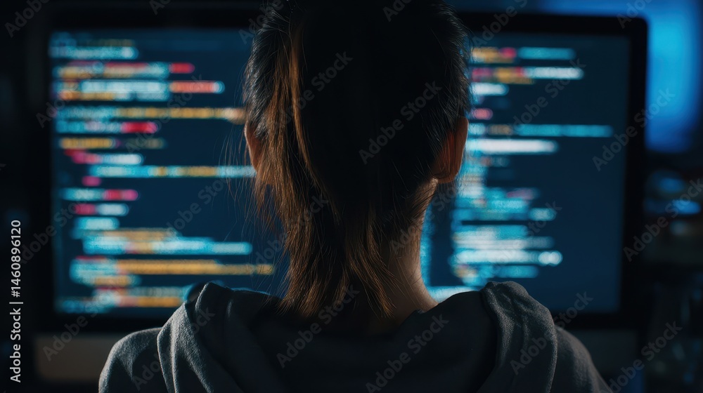 Poster focused programmer engrossed in digital code.