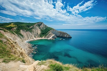 Fototapeta premium Coastal vista of a secluded bay nestled within dramatic cliffs. Lush greenery meets azure waters under a vibrant sky