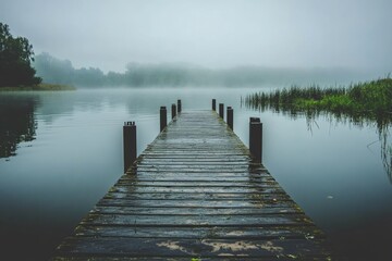 Misty morning on a tranquil lake with a wooden pier extending into the fog