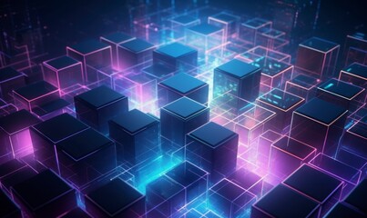 Fototapeta premium Abstract 3D Blocks in Neon Light with Futuristic Digital Design