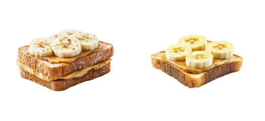 Peanut butter and sliced banana sandwich on bread, cut out transparent