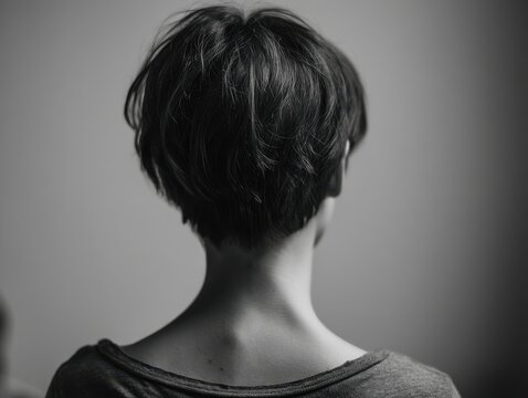 Close-up view of a person's short, textured hairstyle.