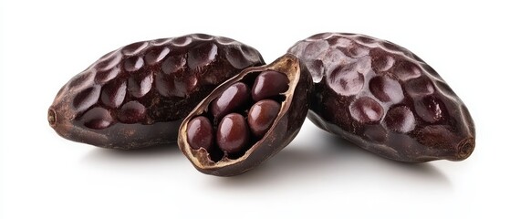 Obraz premium Close-up of three tonka beans on a white background, one cut open revealing the seeds, studio shot, high resolution, food photography