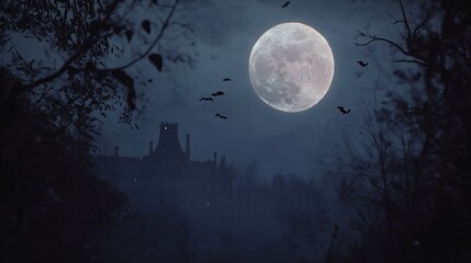 Fototapeta premium Eerie mansion under a full moon, bats fly