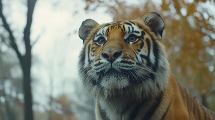 Obraz premium Majestic Tiger Portrait Close Up in Autumnal Setting Looking Upward with Soft Focus Background