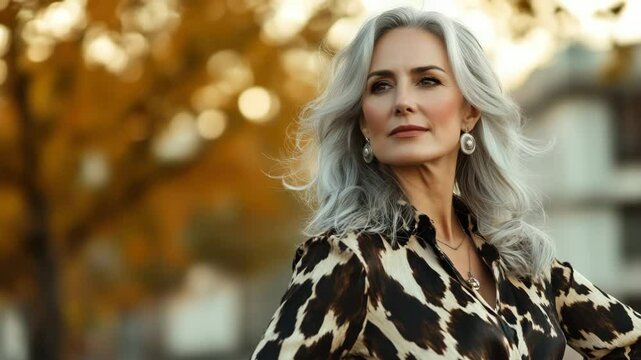 Elegant mature woman with gray hair posing outdoors in autumn, wearing leopard print blouse