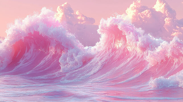 Fototapeta Realistic 4K 3D wave background graphic presents a side angle of pink tinted ocean waves crashing under a soft, pastel cloud filled sky creating a calming scene.