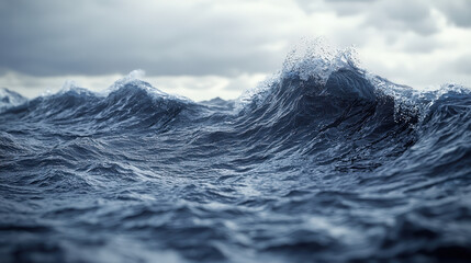 Realistic 4K side angle illustration showing a 3D background with immense ocean waves crashing under a cloudy sky creating a dramatic scene of nature's power.