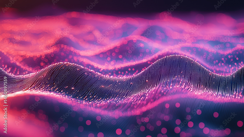 Poster realistic 4k 3d background showing angle side view of flowing abstract wave pattern with pink and bl