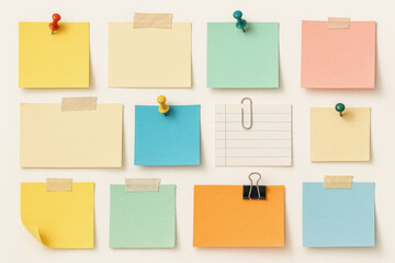 Pile of sticky notes arranged with a pin on top.