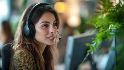 Woman wearing headphones and smiling. She is sitting in front of a computer. Concept of happiness and relaxation - Powered by Adobe