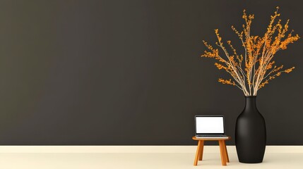 Minimalist Home Office Setup  Laptop  Dried Flowers  Dark Wall