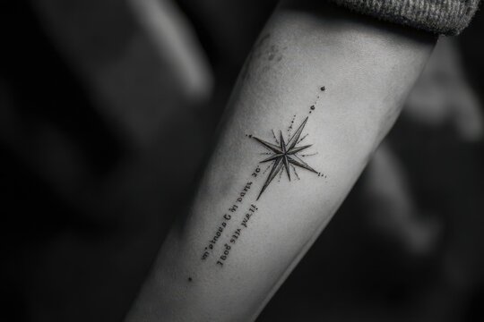 Intricate ink design of a compass star tattoo on a forearm.