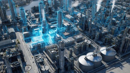 Industrial complex overlaid with digital network visualizations.