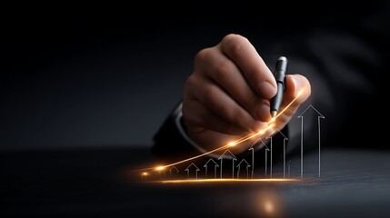 Investment hand gesture illustrating growth concept on success pathway with hand-drawn graph and light trail arrow for financial progress