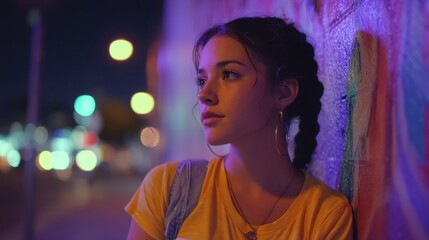 Thoughtful young woman leaning against a wall at night.
