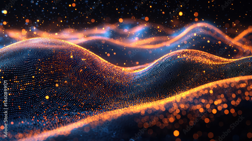 Poster an abstract 3d visualization of flowing data waves in realistic 4k resolution, illuminated from the 