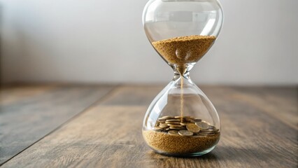 Economic risk inflation credit risk An hourglass filled with coins on a wooden surface symbolizing time and finance.