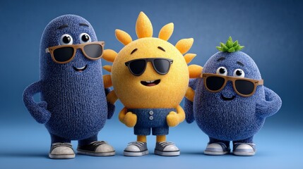 Obraz premium Happy Sun Friends Summer Fun Cartoon Characters 3D Render