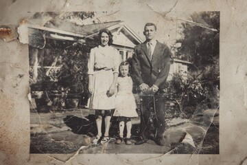Aged family portrait, weathered photograph,?with a house in background.