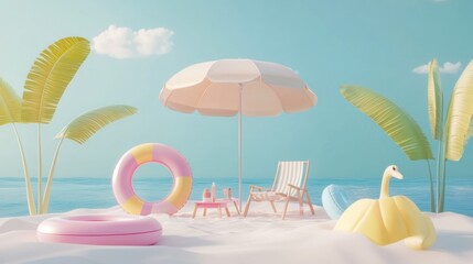 Idyllic beach scene with pastel-colored inflatable rings, umbrella, chair, and swan float.