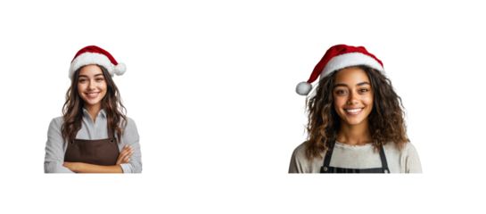 Smiling Latino and Black Waitresses Wearing Santa Hats, cut out transparent