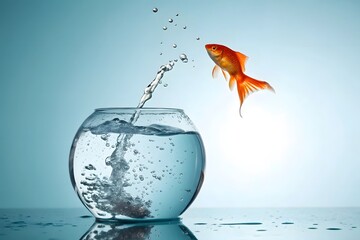 Goldfish Leaping Out of Water from Round Fishbowl