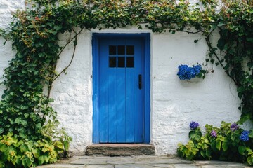 Exterior of a cottage with a vibrant blue door and stone walls. Lush greenery climbs the walls