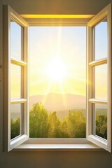 Open window view of mountain landscape at sunrise or sunset with golden light and blue sky from inside a home or building in a vertical format