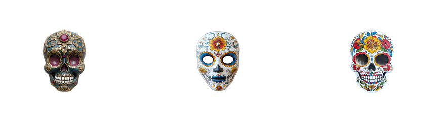 Three Decorated Sugar Skulls, Halloween Celebration, cut out transparent