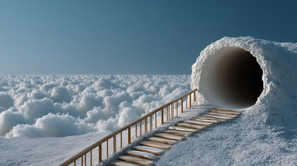 Tunnel to the Sky: An enchanting scene depicts a stone staircase leading from an ice tunnel, a portal to an infinite, cloudy expanse, under a cerulean sky. 