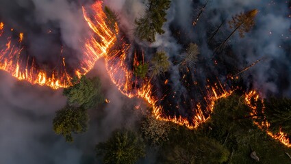 Ultra-realistic drone view of a massive forest fire with raging flames and thick smoke in every direction