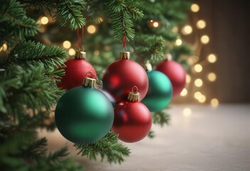 Obraz premium Classic evergreen, colorful baubles, soft focus lights , season, elegant