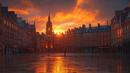 Fototapeta premium Dramatic cityscape view at sunrise over a European plaza.