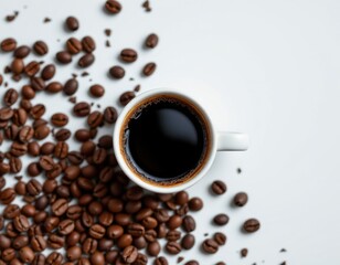 Obraz premium roasted dark brown coffee in a cup, with coffee beans on a white background, subject at bottom, copy space at top, no people.