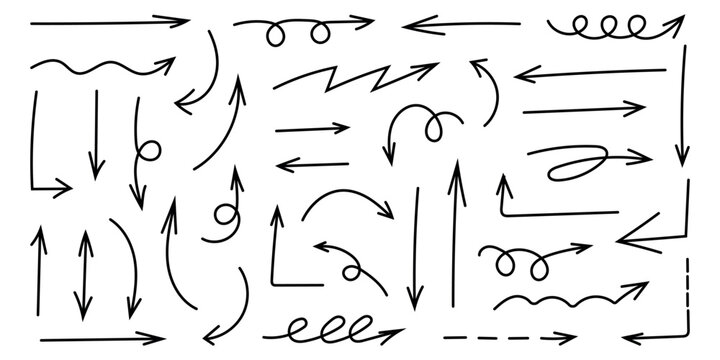 Squiggly black arrow set. Doodle movement spiral lines, flat elements. Pencil brush arrows for icon, sketch, texture. Hand drawn childish strokes. Isolated vector illustration on white background.