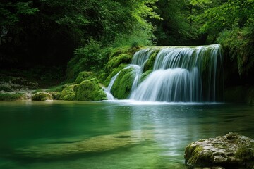 Lush waterfall cascading into a tranquil pool amidst a verdant forest